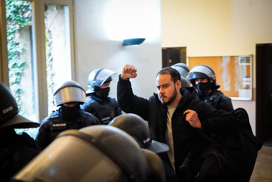 Catalan police, the Mossos d'Esquadra, arrest rapper Pablo Hasel at the University of Lleida, February 16, 2021 (by Pau de la Calle) 