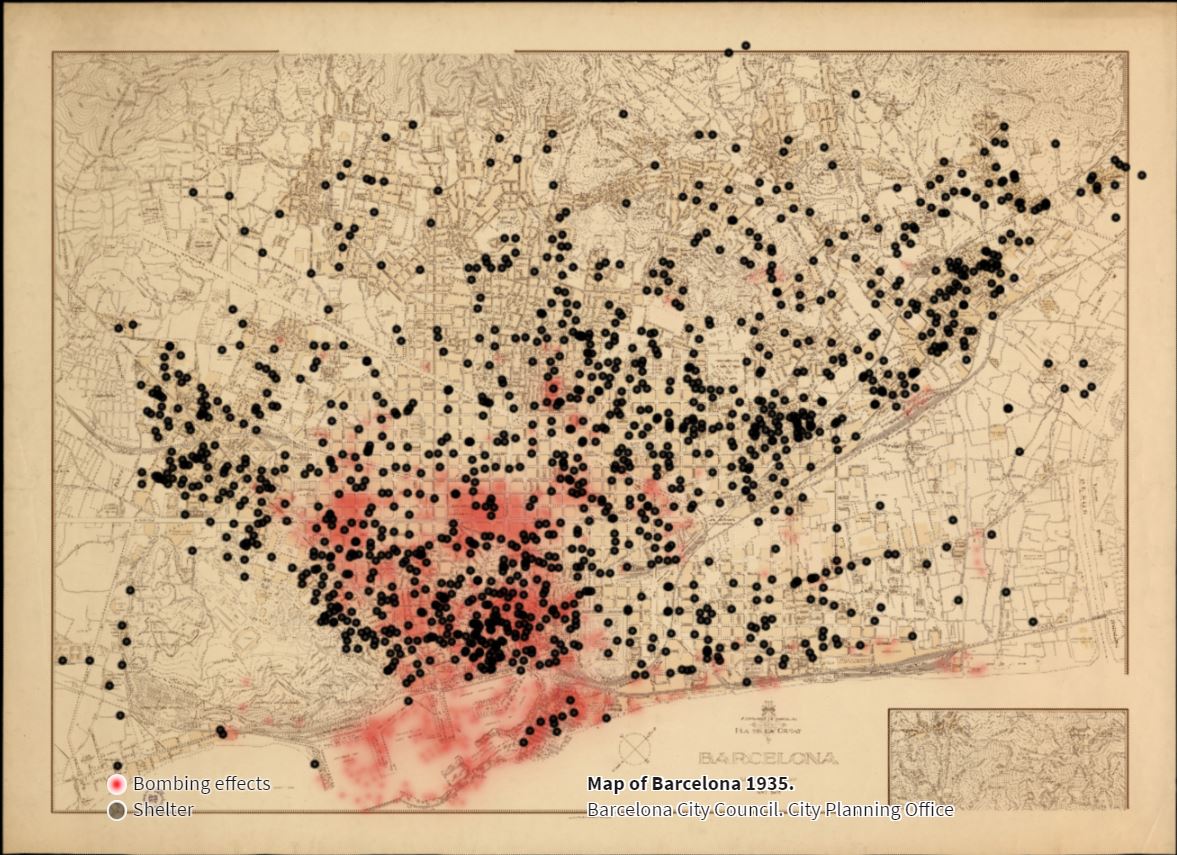 Map of Barcelona showing bomb shelter sites in black as well as areas affected by air raids shown in red (image from Barcelona city council)
