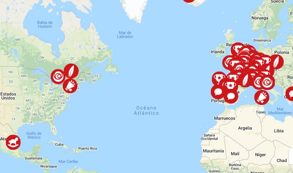 Screenshot of Booksandroses.cat website of a map and several events held across the globe for Sant Jordi