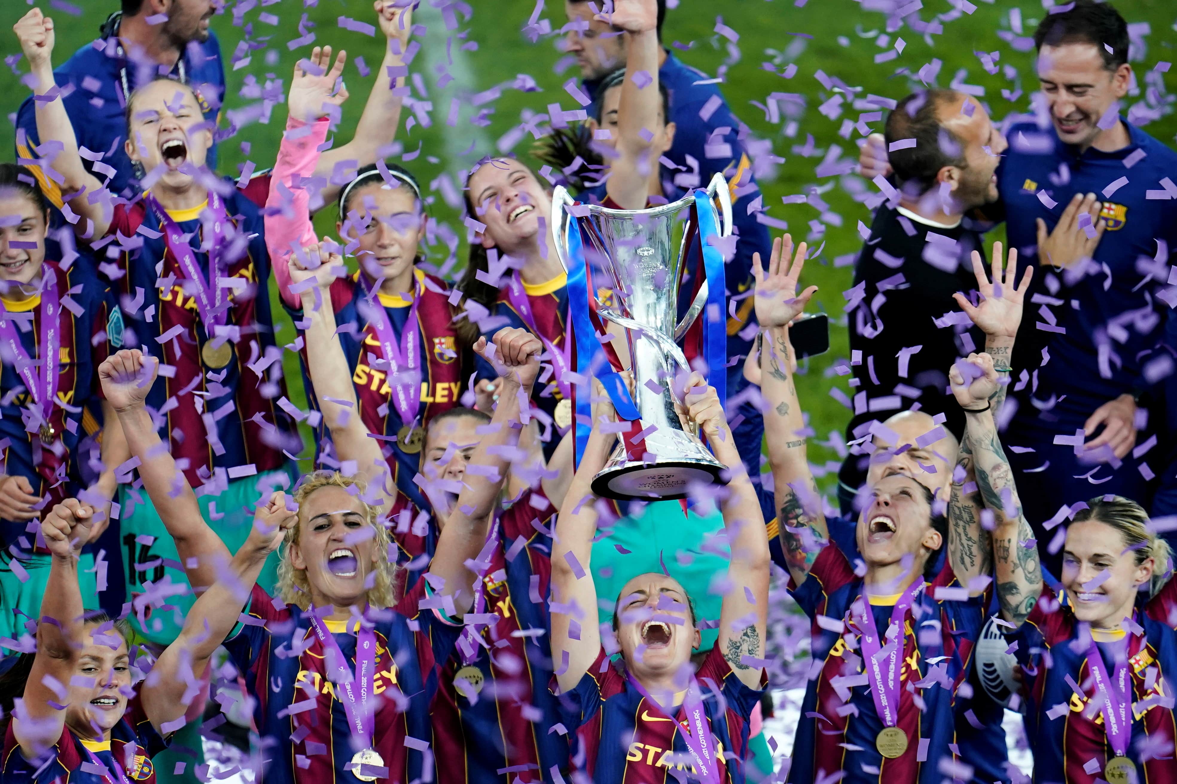 FC Barcelona players lift their first Women's Champions League trophy after defeating Chelsea in the final (by  Bjorn Larsson Rosvall/TT News Agency/Reuters)