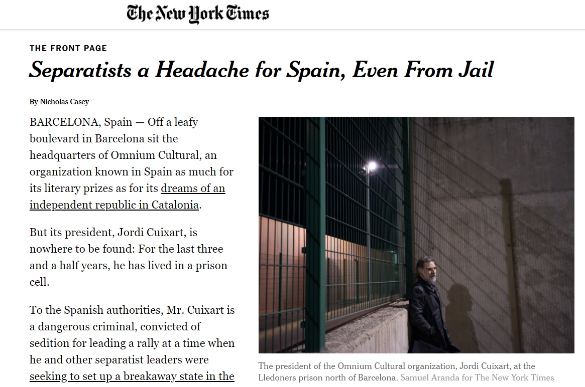 Screenshot of the New York Times article on Jordi Cuixart