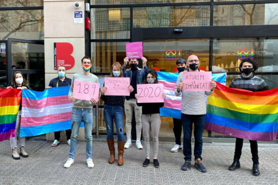 Members of the Observatory against homophobia in front of Barcelona's LGTBI center