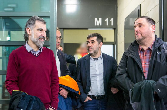 From left to right: Jordi Cuixart, Josep Rull, Jordi Sànchez, and Oriol Junqueras (by Generalitat)