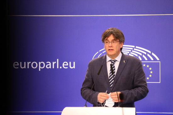 Former Catalan president Carles Puigdemont appearing before the media in Brussels on June 3, 2021