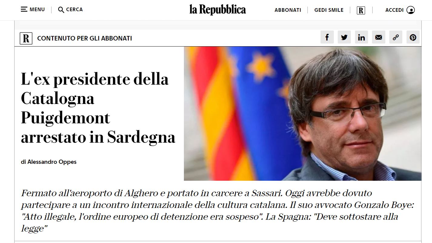 Screenshot of an article from Italian news outlet La Repubblica about the arrest of Carles Puigdemont