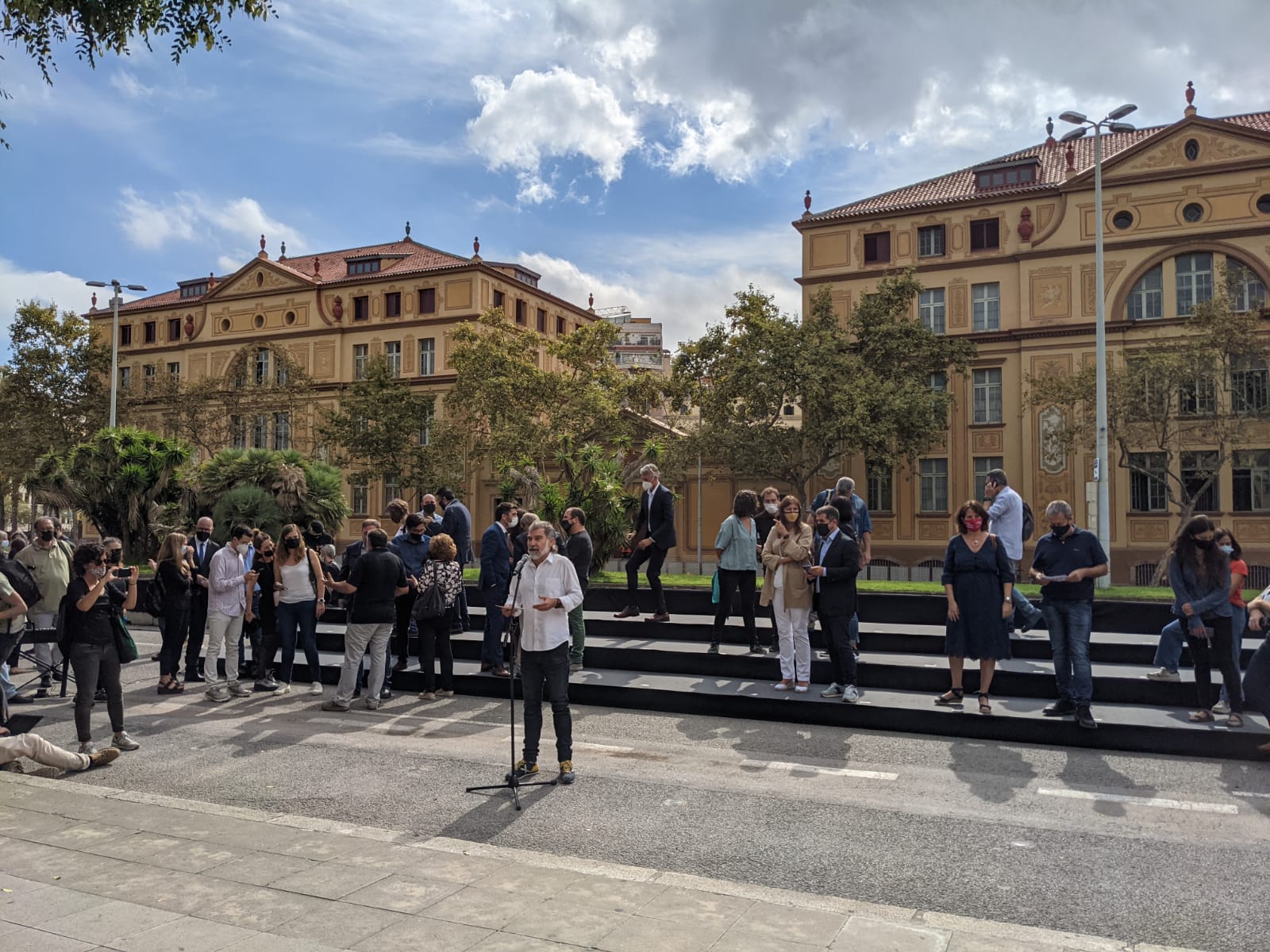 Jordi Cuixart, president of pro-independence organization Òmnium Cultural speaks at the act commemorating the fourth anniversary of the independence referendum (by Cillian Shields)