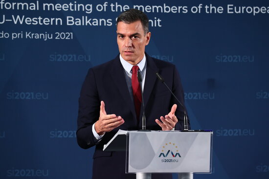 Spanish president Pedro Sánchez at the EU-Western Balkans summit in Slovenia, October 6, 2021 (Moncloa Pool/ Fernando Calvo) 