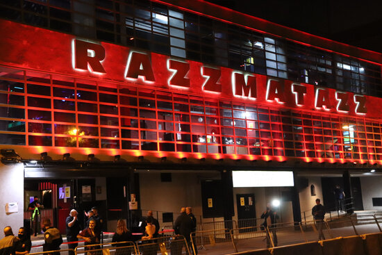 Razzmatazz, one of Barcelona's biggest nightclubs, lit up in red on the first night of reopening after the Covid-19 pandemic, October 2021 (by Cillian Shields)