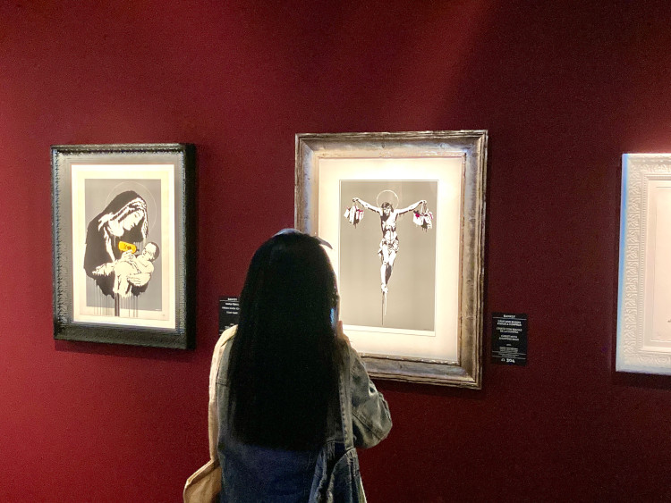 A visitor at the exhibition ‘Banksy. The Art of Protest’ takes a photograph of one of the pieces on display (by Cillian Shields)
