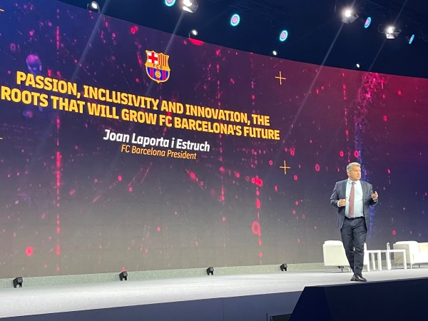 FC Barcelona president Joan Laporta giving a speech at the 2022 Mobile World Congress (by Cillian Shields)