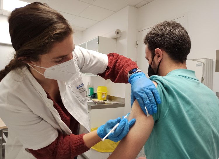 A volunteer receives a dose of the Hipra vaccine during trials, Girona, February 7, 2022