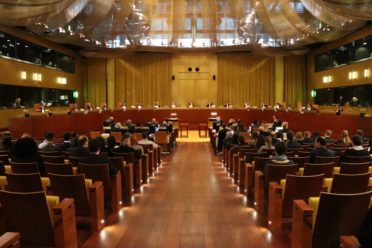 Image of the main courtroom of the Court of Justice of the European Union, during the Puigdemont case hearing on April 5, 2022