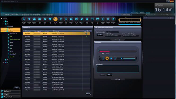 Pegasus call log and call interception screen (from Pegasus Product Description)