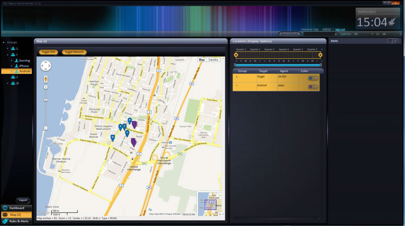 Pegasus location tracking screen (from Pegasus Product Description)