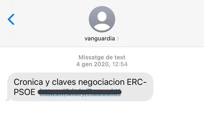 Screenshot of Pere Aragonès' phone with the message that infected the devide with Pegasus (by CCMA)