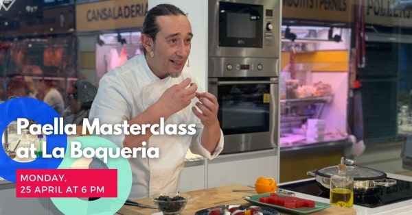 Chef Isma Padros featuring in a promotional image for a paella masterclass as part of the 2022 Sant Jordi celebrations (image from Barcelona city council)