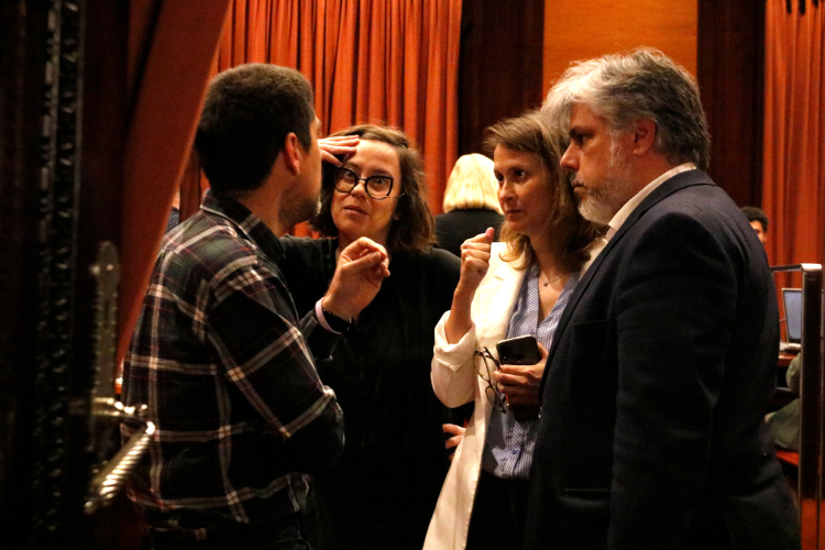 David Cid (ECP), Eulàlia Reguant (CUP), Meritxell Serret (ERC), and Albert Batet (Junts), four MPs in the Catalan chamber, on May 3, 2022 (by Marta Sierra)