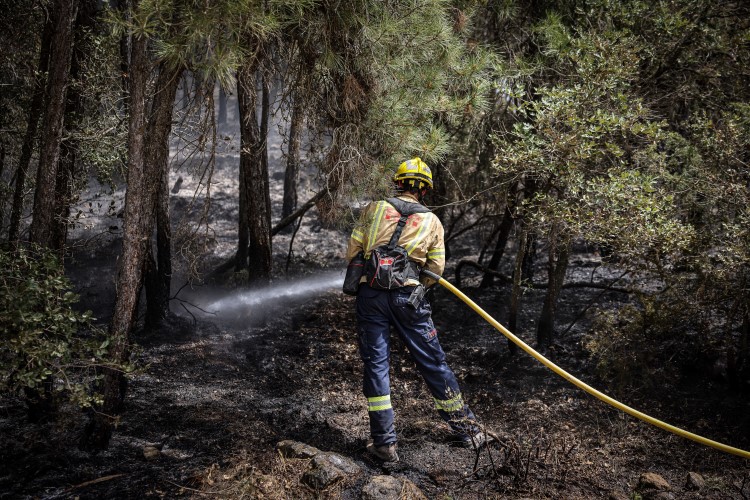 A firefighter soaks the burnt ground, Castellar de la Ribera, June 16, 2022 (by Jordi Borràs) 