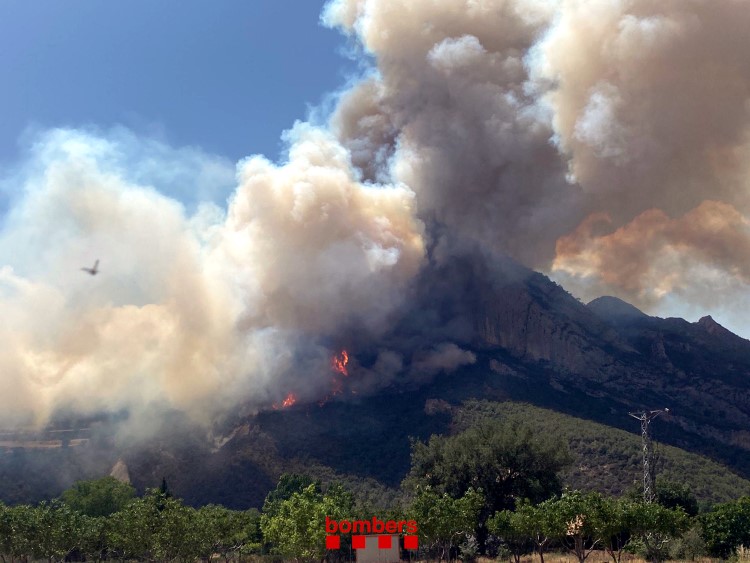 Smoke rises from the wildfire between Peramola and Oliana, Alt Urgell, June 19, 2022 (by Bombers de la Generalitat) 
