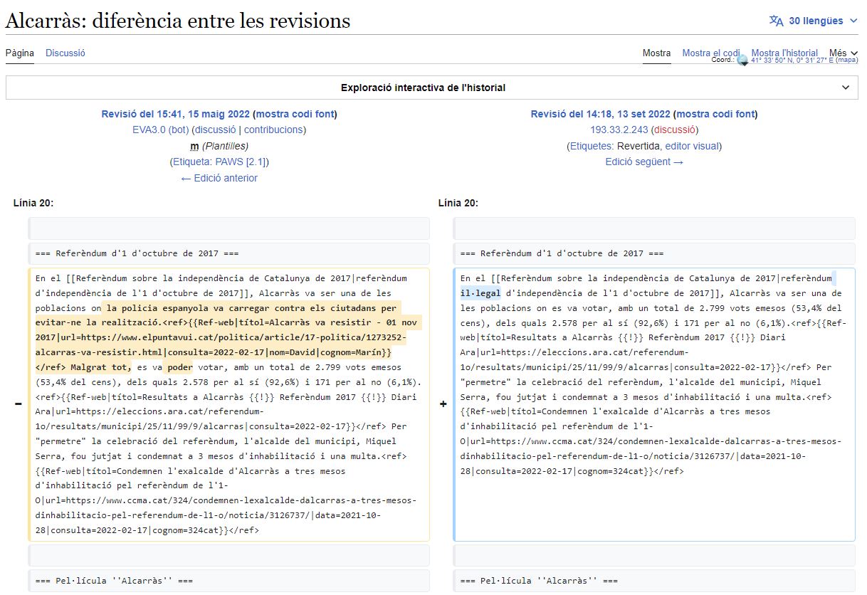 Edits of Alcarràs' Wikipedia article