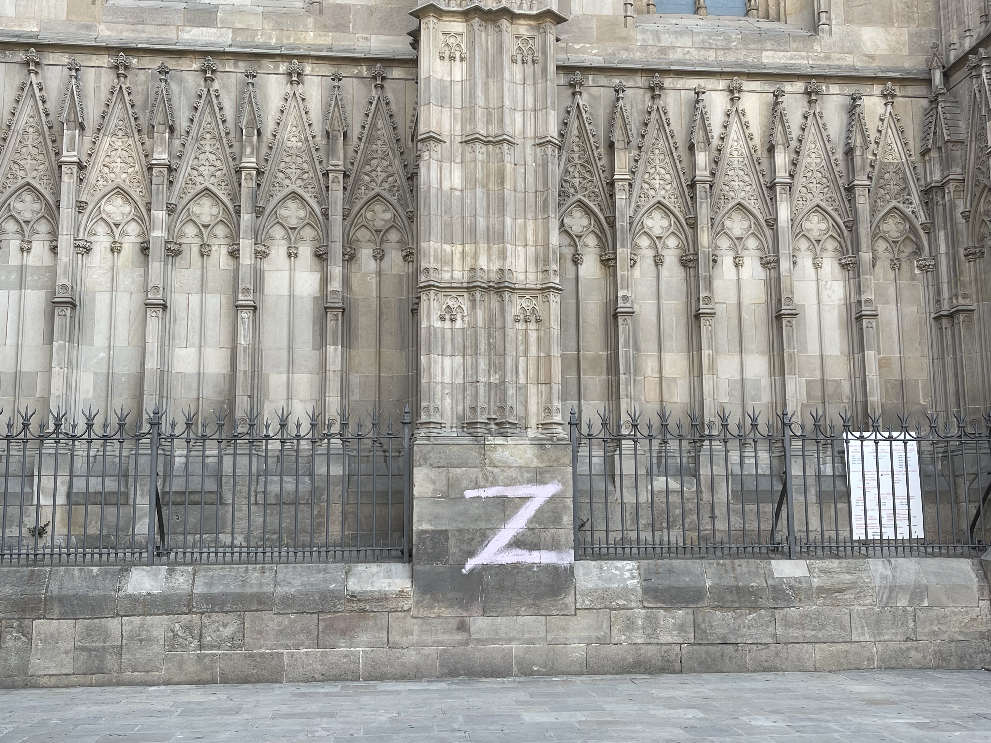 Barcelona cathedral with a Russian pro-war 'Z' symbol graffitied on it (by Cillian Shields)