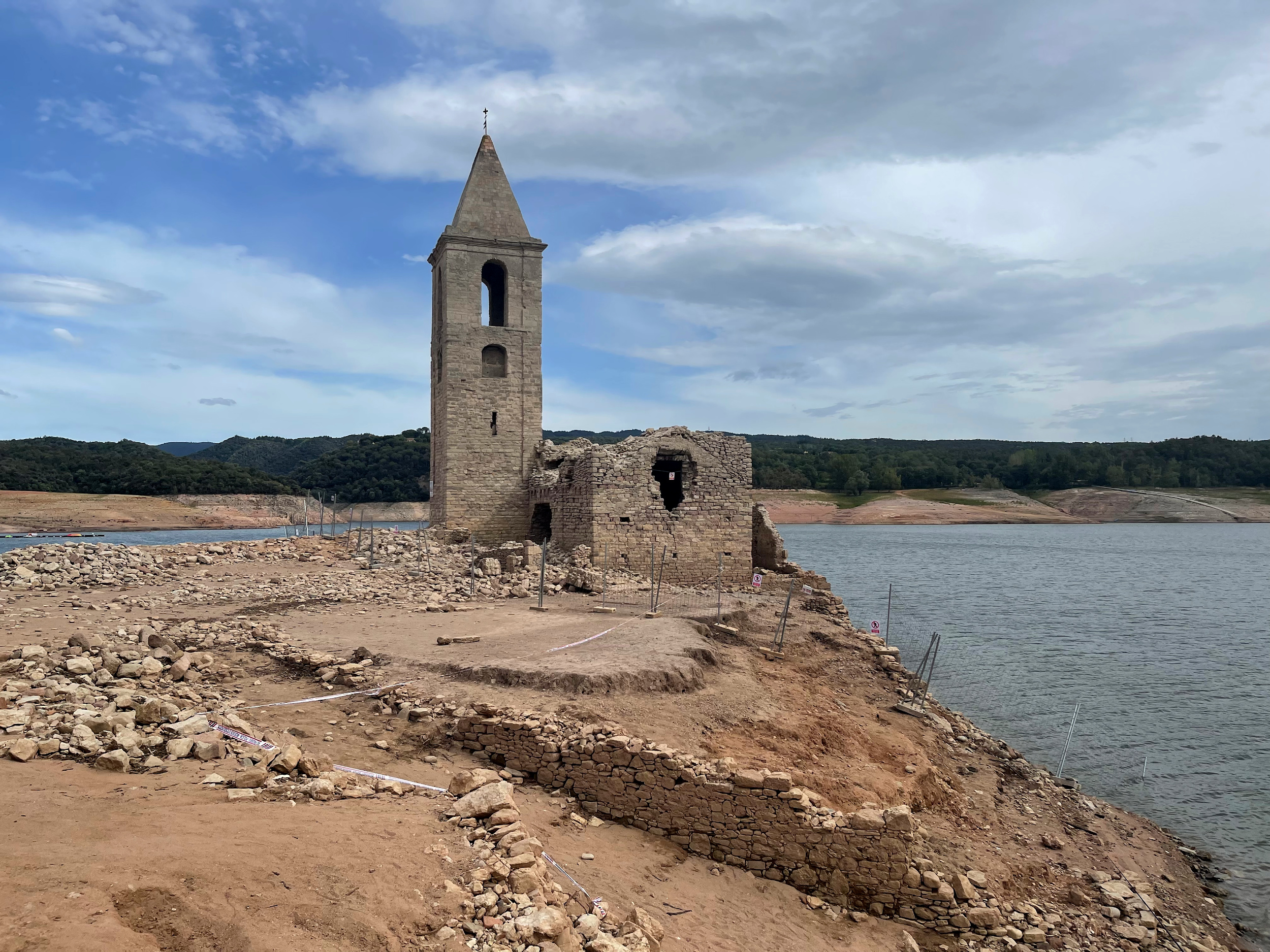 The 11th-century church in the sunken village in the Sau reservoir, normally underwater but completely visible in summer 2022 due to drought