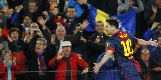 Leo Messi celebrating one of his many goals wearing the FC Barcelona shirt (by Albert Gea / Reuters) 