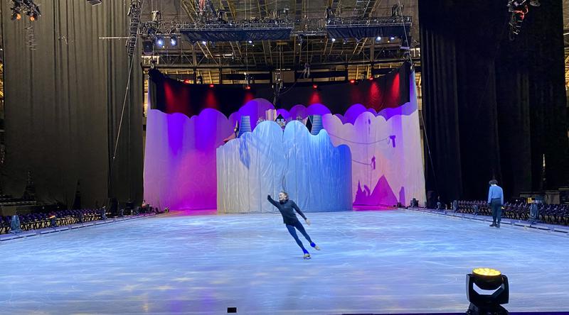 Ice skater rehearses ahead of the evening performance of Disney On Ice at Palau Sant Jordi