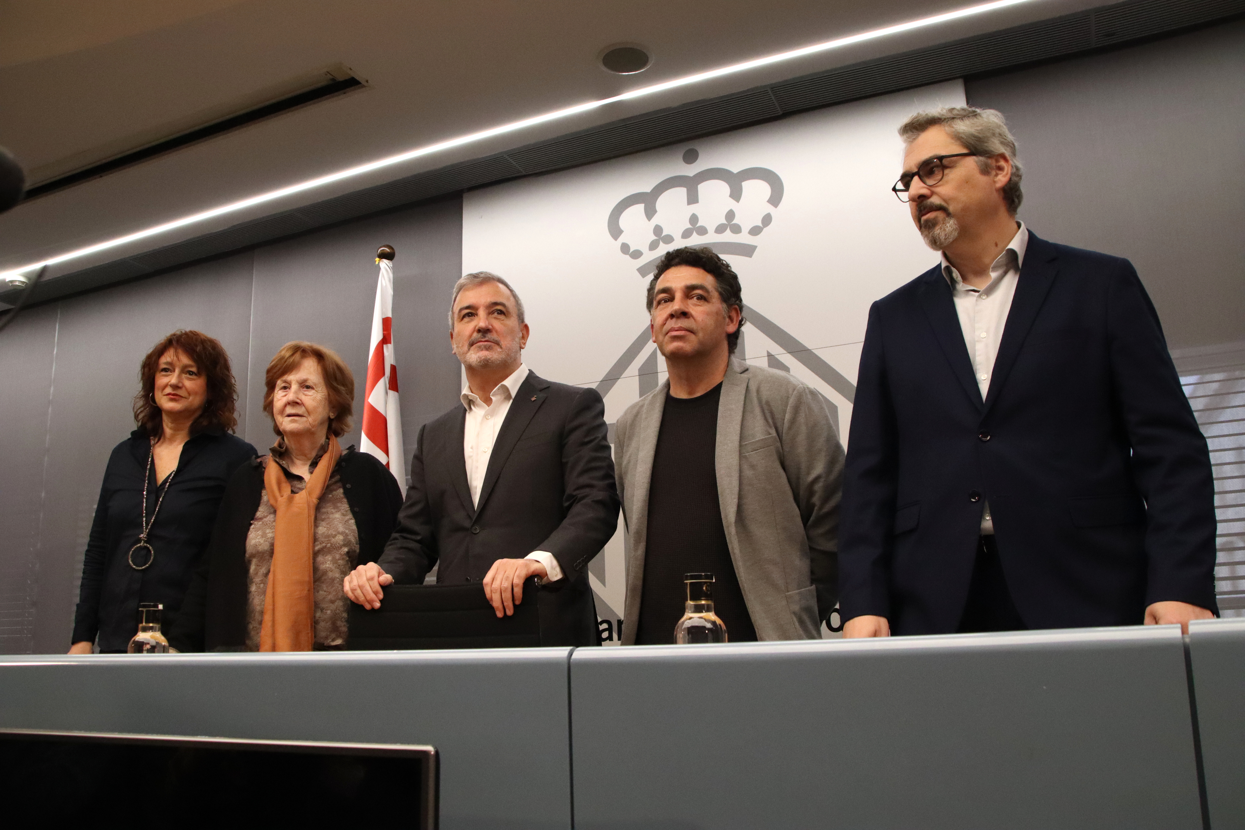 Barcelona deputy mayor Laia Bonet, Hàbitat3 entity Carme Trilla, mayor Jaume Collboni, city's ombudsman David Bondia, and housing councilor Joan Ramon Riera during a press conference on February 7. 2025