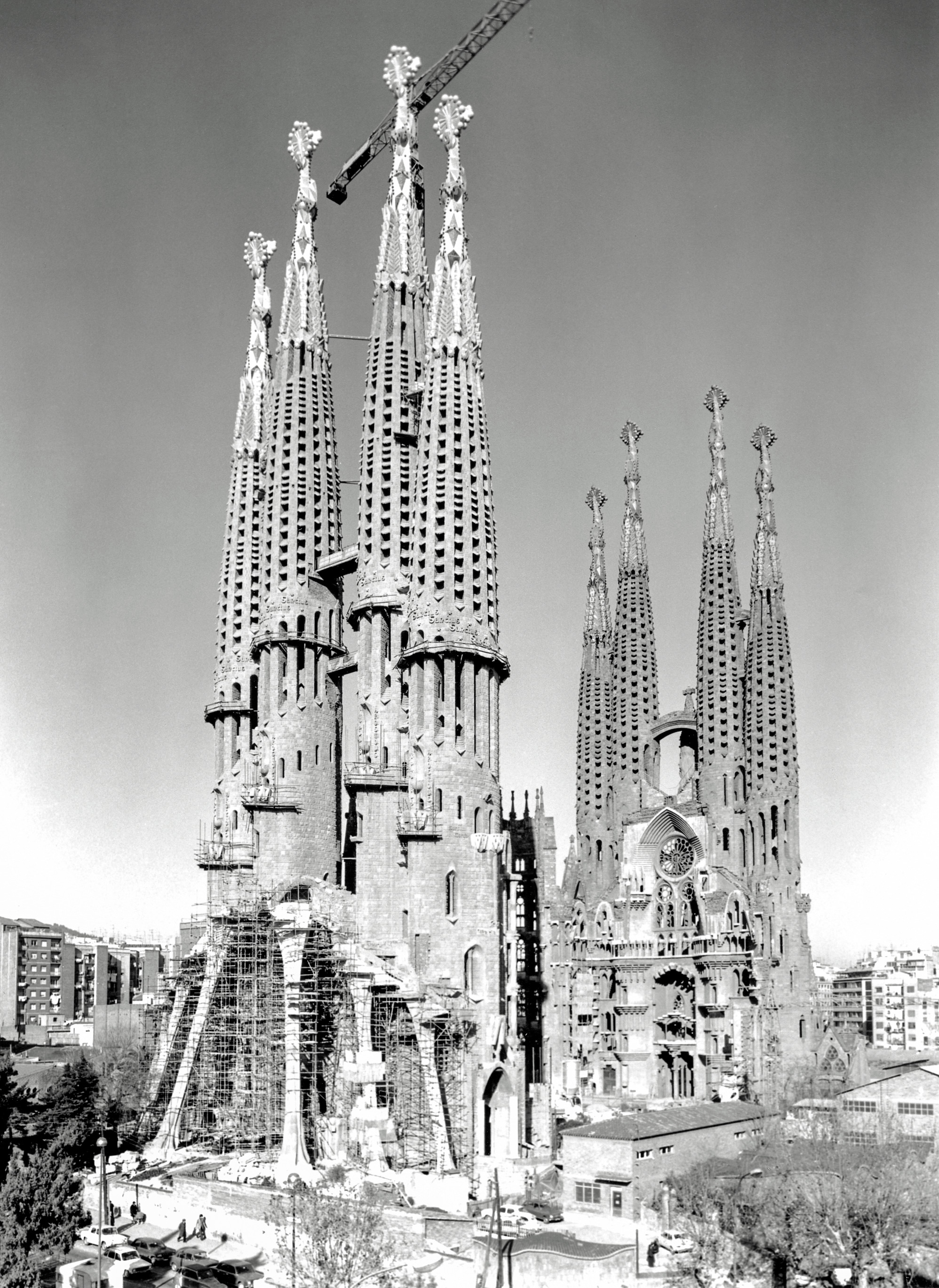 The Nativity (in the background) and Passion facades, in an archive image of the Sagrada Família from the 1970s