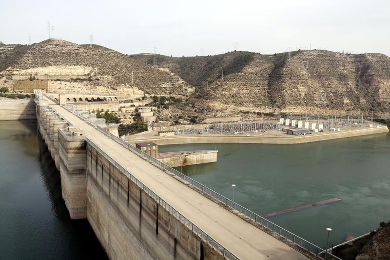 Endesa hydroelectric plant pictured with low levels of water at the Mequinensa reservoir due to the drought on October 31, 2022 