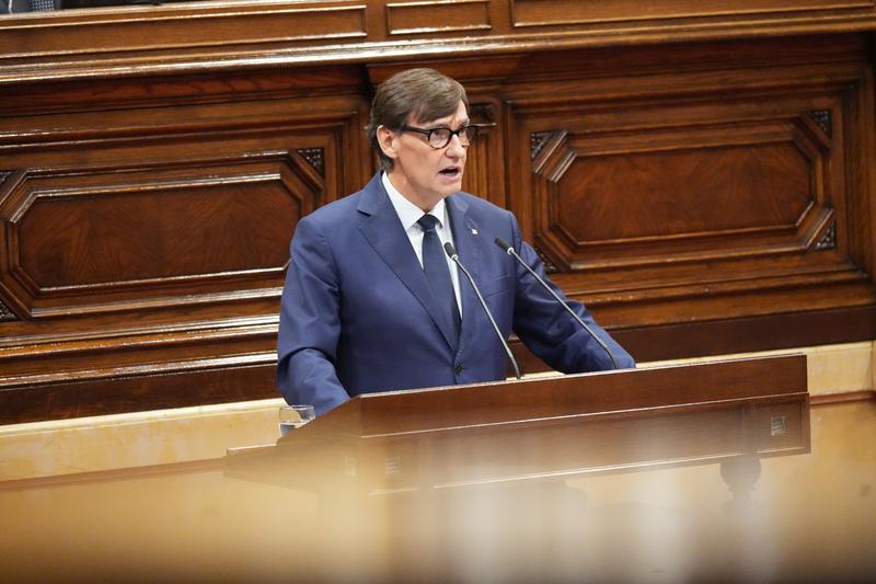 Catalan president Salvador Illa speaking in parliament during the general policy debate