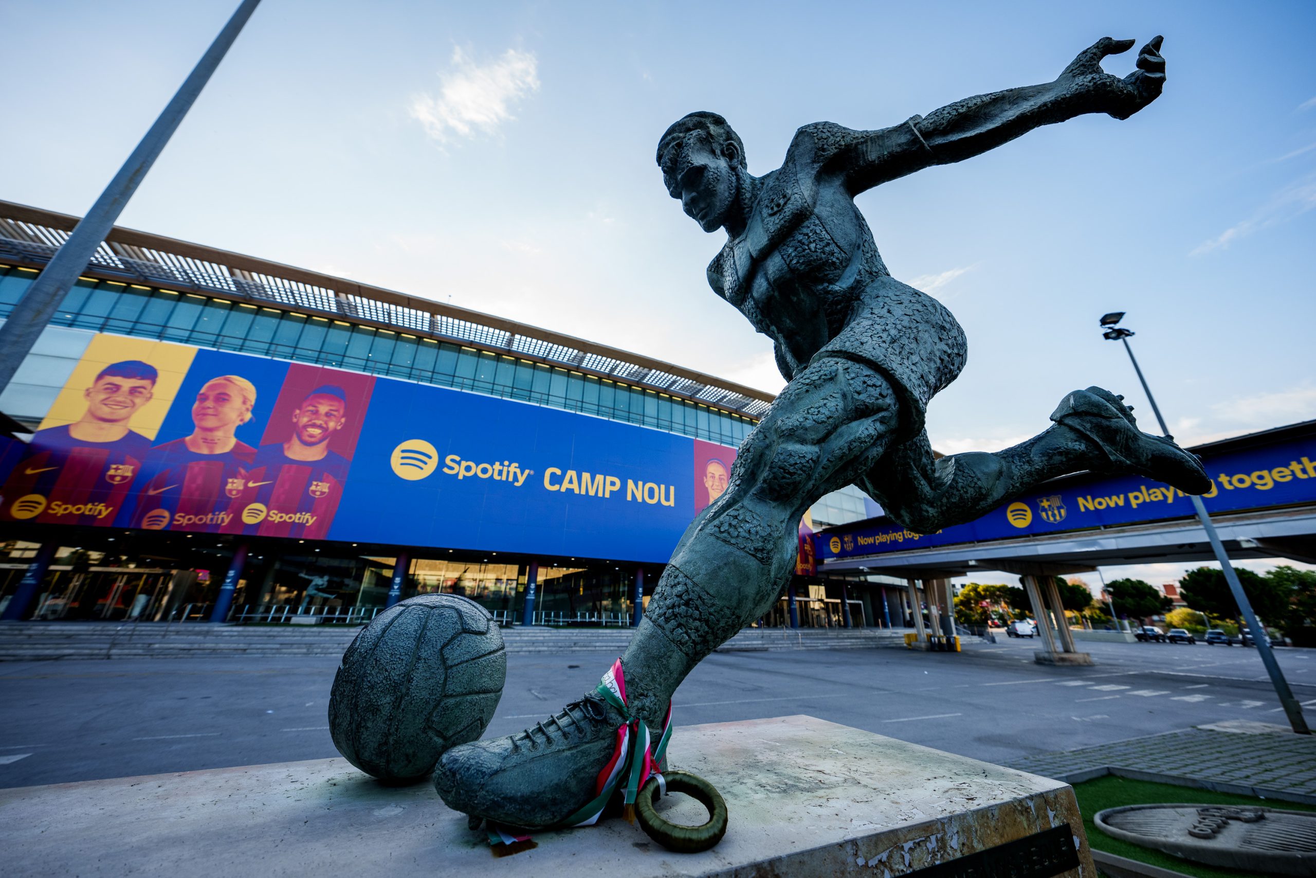 Spotify Camp Nou with statue from former FC Barcelona player Ladislau Kubala Stecz in front