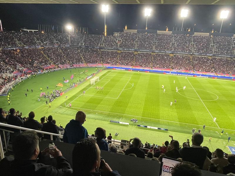 Barcelona players celebrate in front of fans during their 4-1 victory of Bayern Munich in the Champions League, October 2024