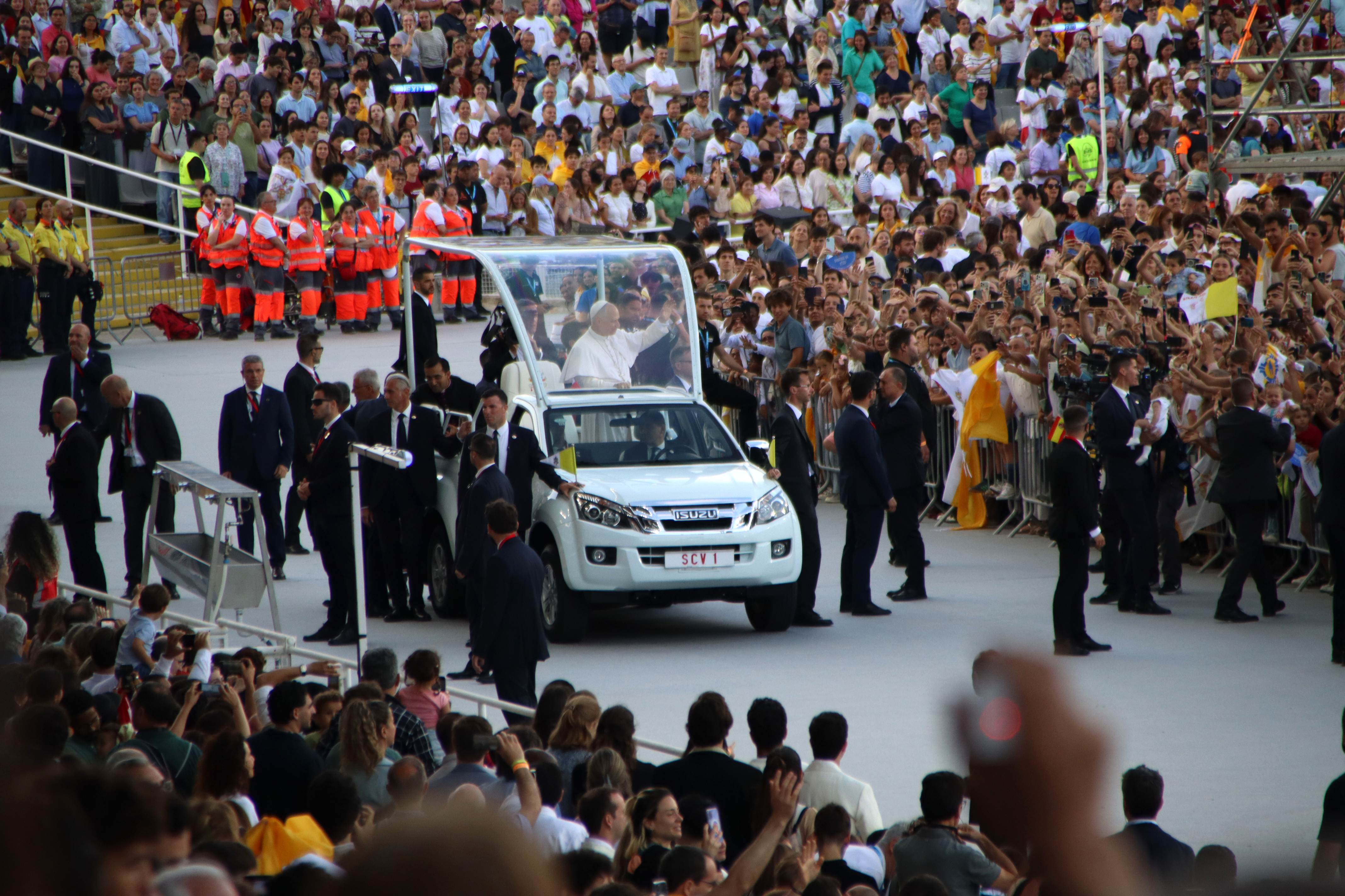 The Popemobile driving around the Olympic Stadium