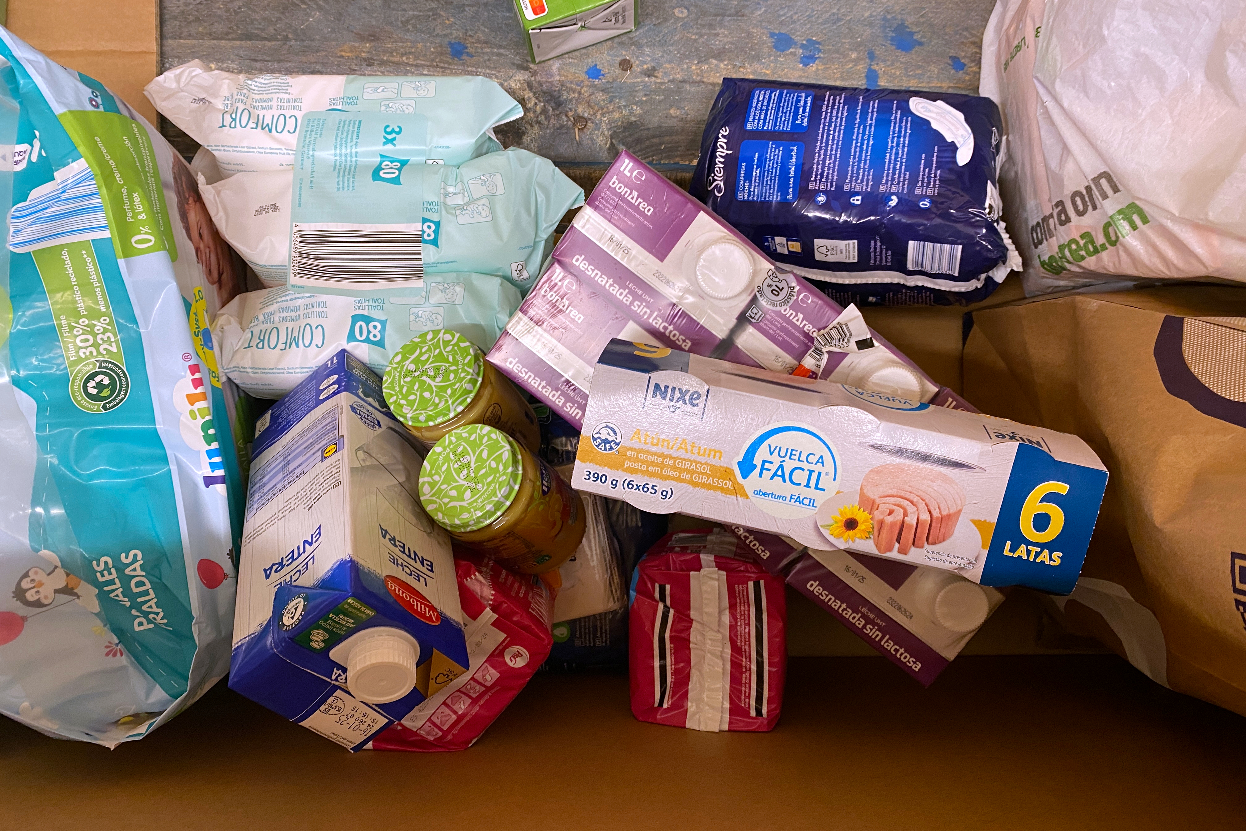 Food given in one of the boxes ready to collect goods for those affected by the floods in Valencia on November 4, 2024