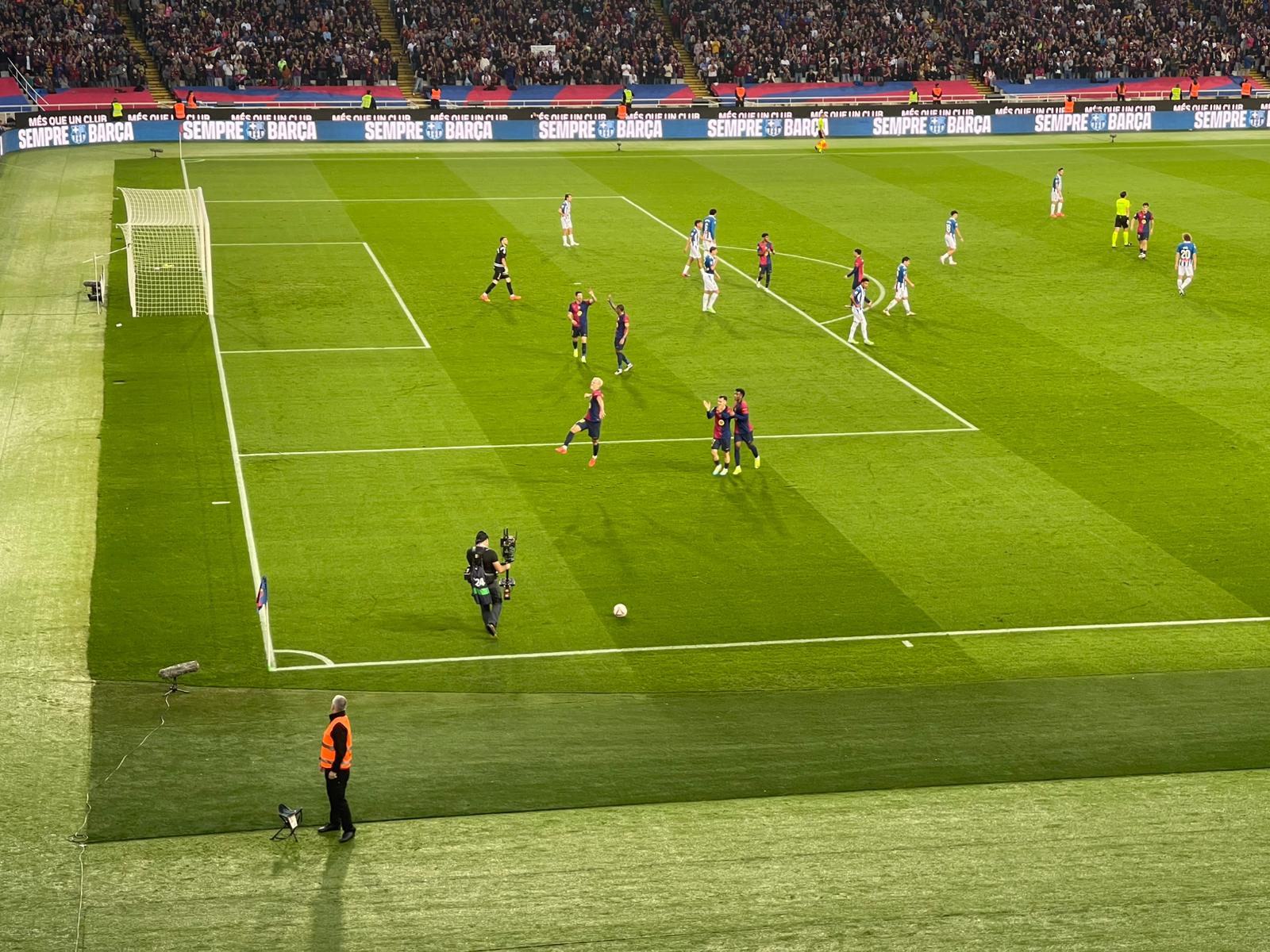 Dani Olmo and the Barcelona team celebrate scoring against Espanyol