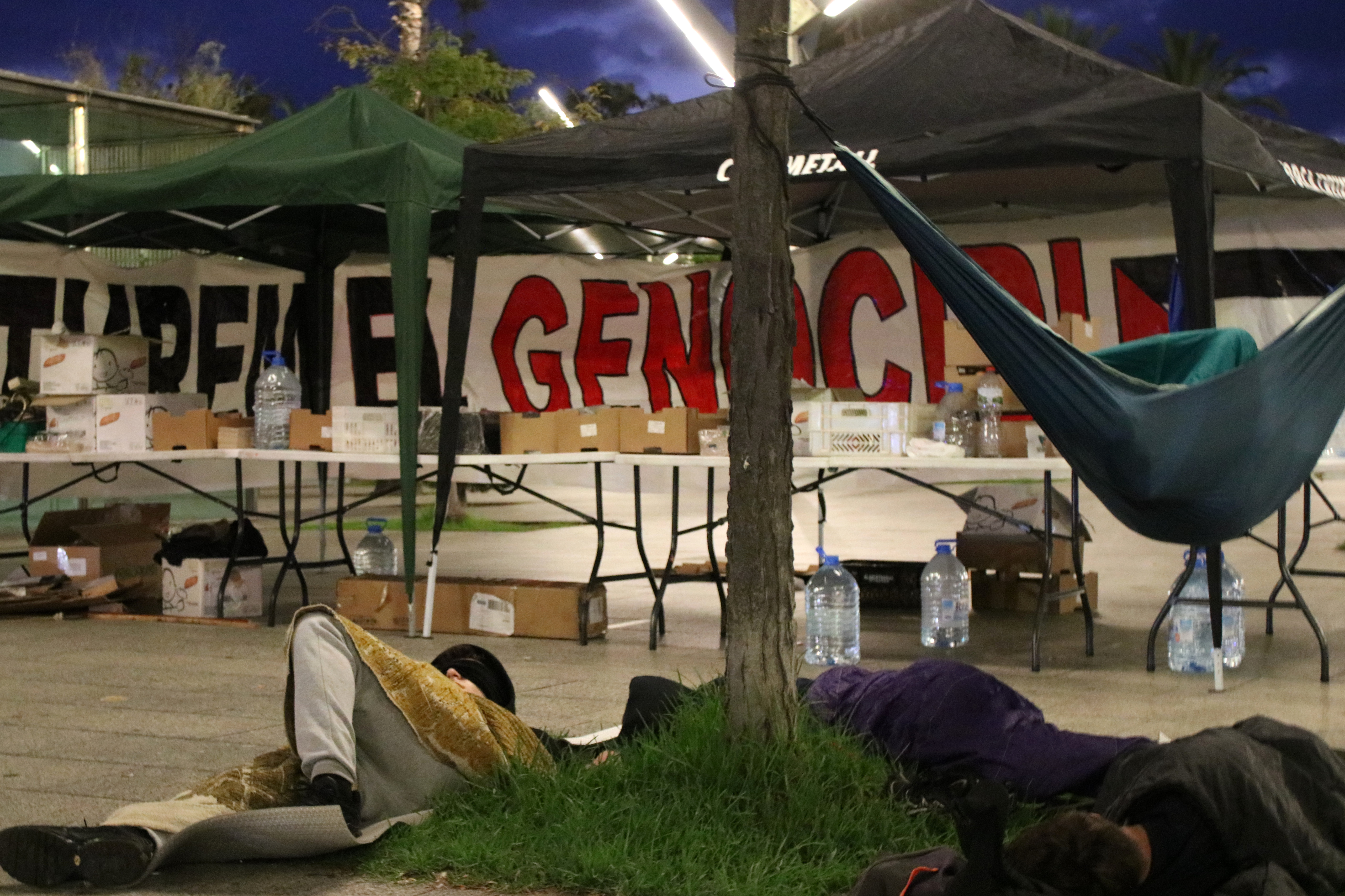 Several people camp out in Barcelona after the Israeli army intercepted the Global Sumud Flotilla