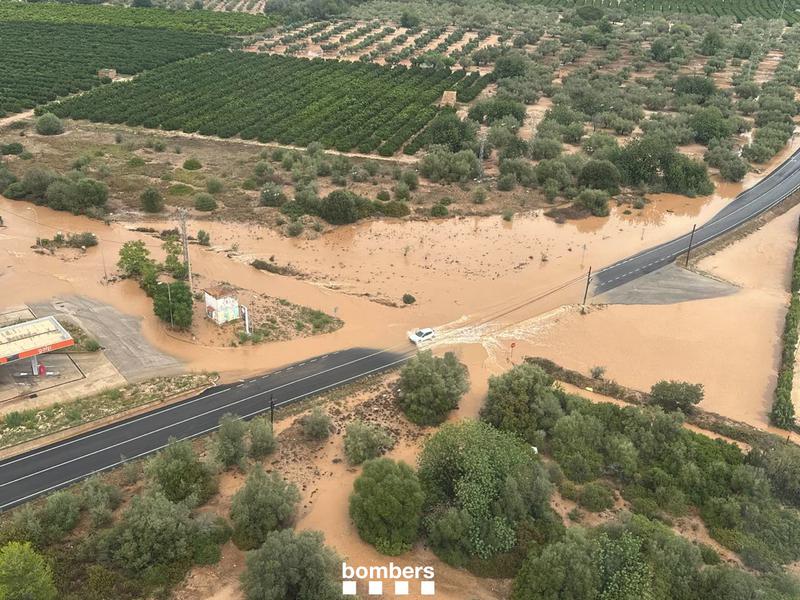 Aerial view of a road flooded in Montsià. September 3, 2023