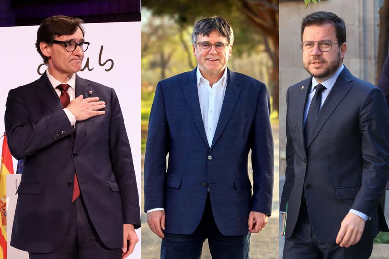 Salvador Illa, Carles Puigdemont and Pere Aragonès, candidates for the Socialists, Junts and ERC for the election on May 12