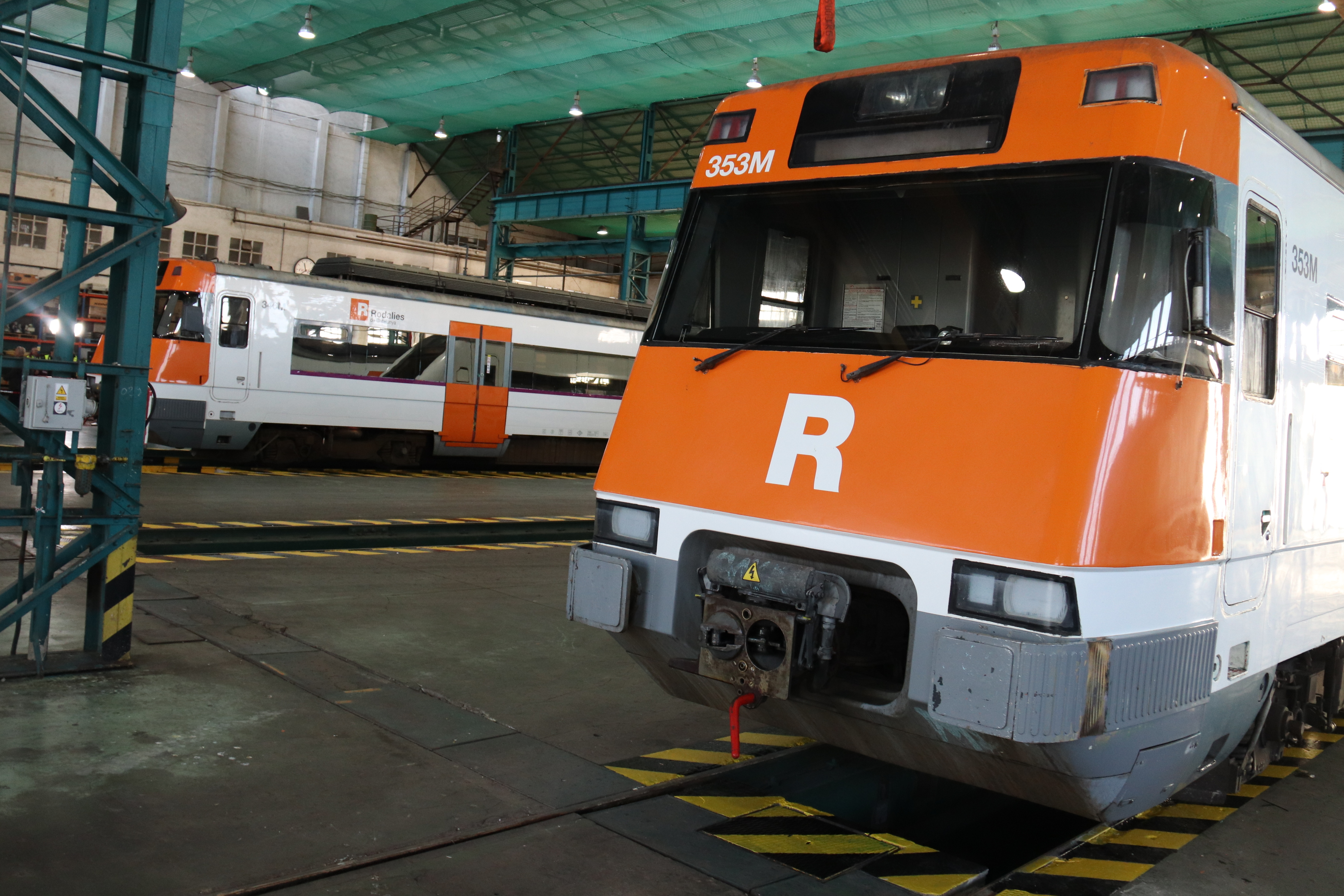 Rodalies Renfe trains in the Sant Andreu maintenance facility in Barcelona