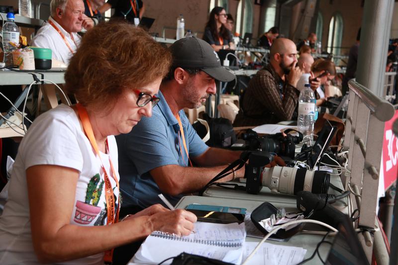 Several journalists including Emilio Morenatti during the 29th human tower contest