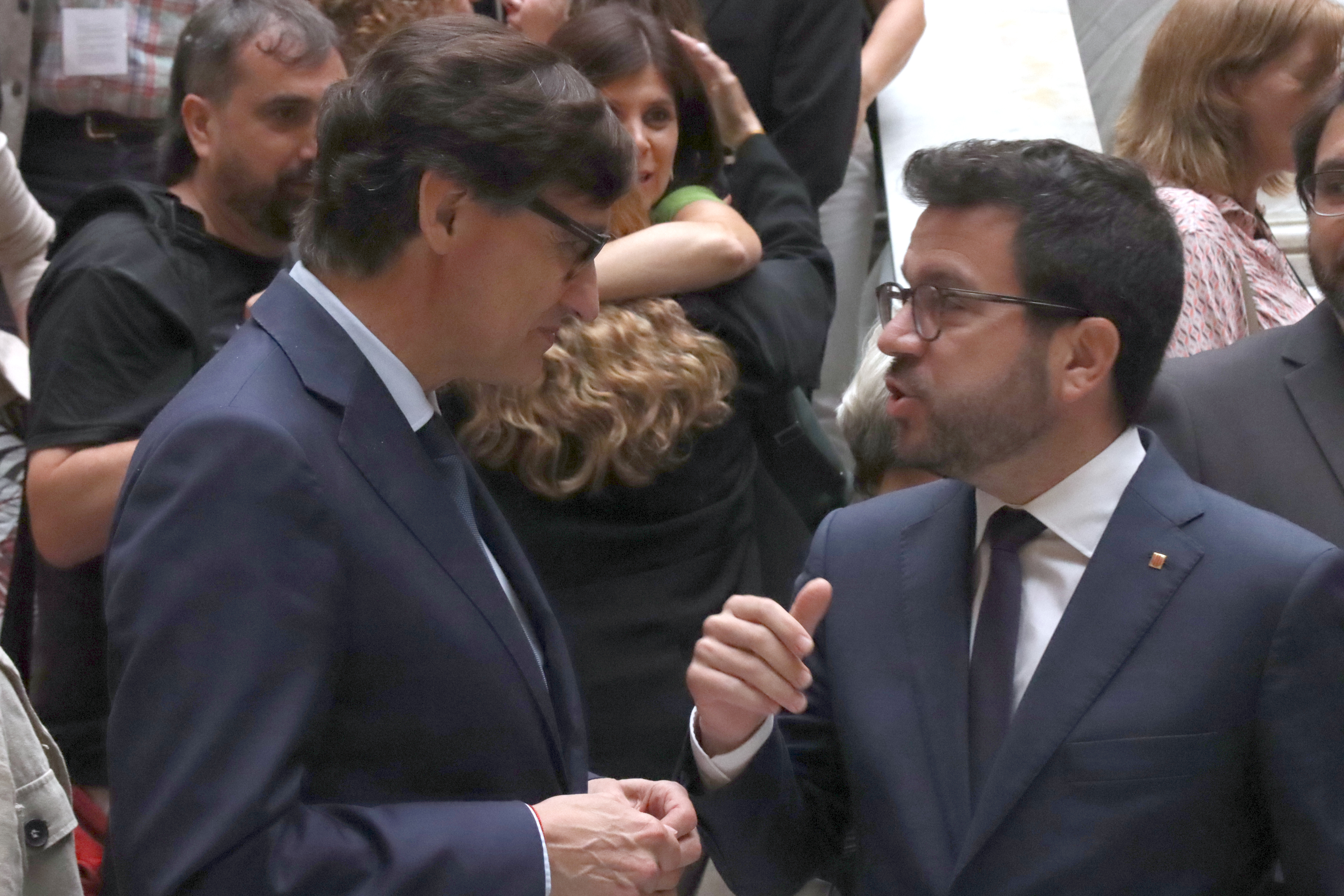 Current and former Catalan presidents Salvador Illa and Pere Aragonès after approving the Statute of Rural Towns on July 16