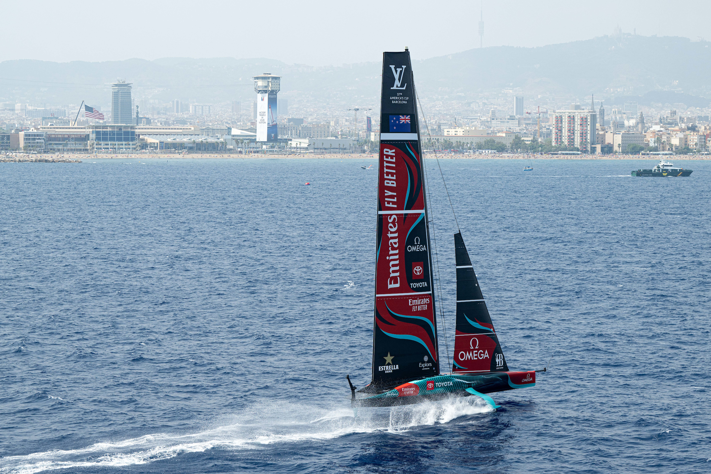 The Emirates Team New Zealand sails off Barcelona's shore during the America's Cup sailing competition on August 22, 2024