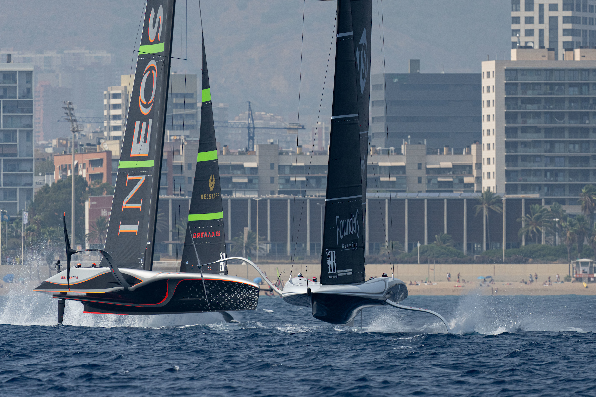 Ineos Britannia and Orient Express sail off the shore of Barcelona on August 22, 2024