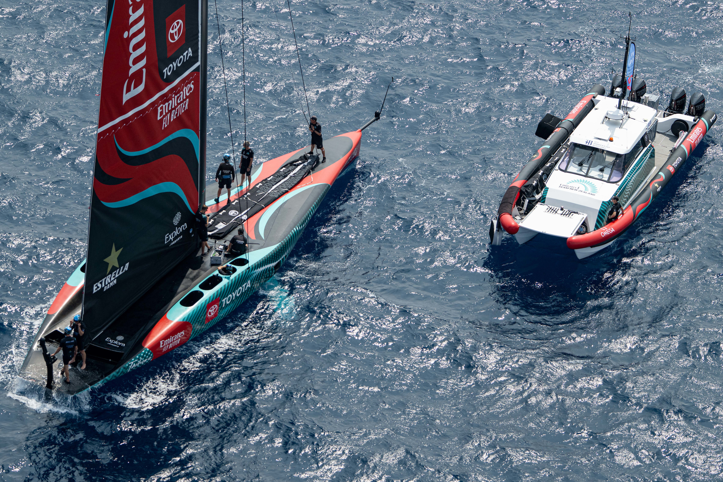 Emirates Team New Zealand will sail in Barcelona on August 22, 2024 during the preliminary round of the America's Cup