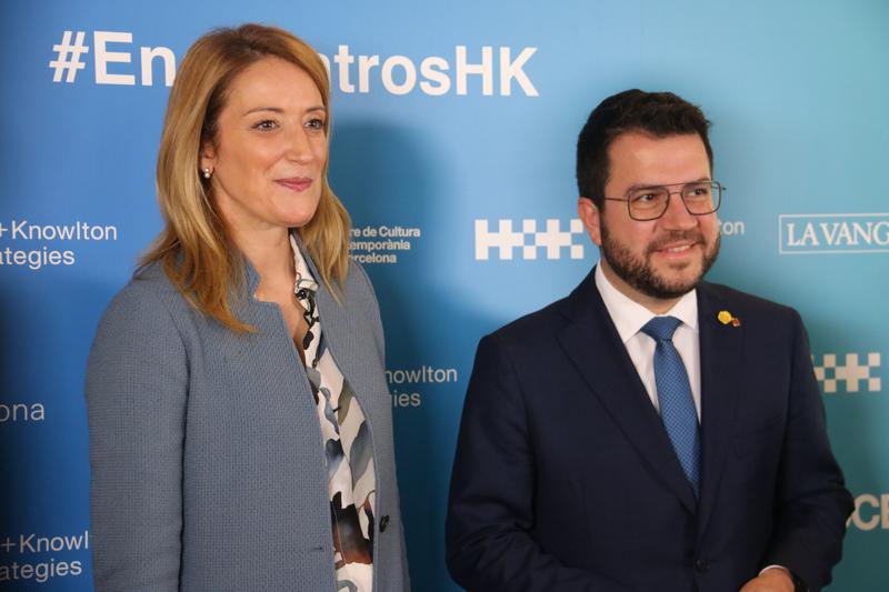 Catalan president Pere Aragonès and European parliament president Roberta Metsola at CCCB on November 18, 2022