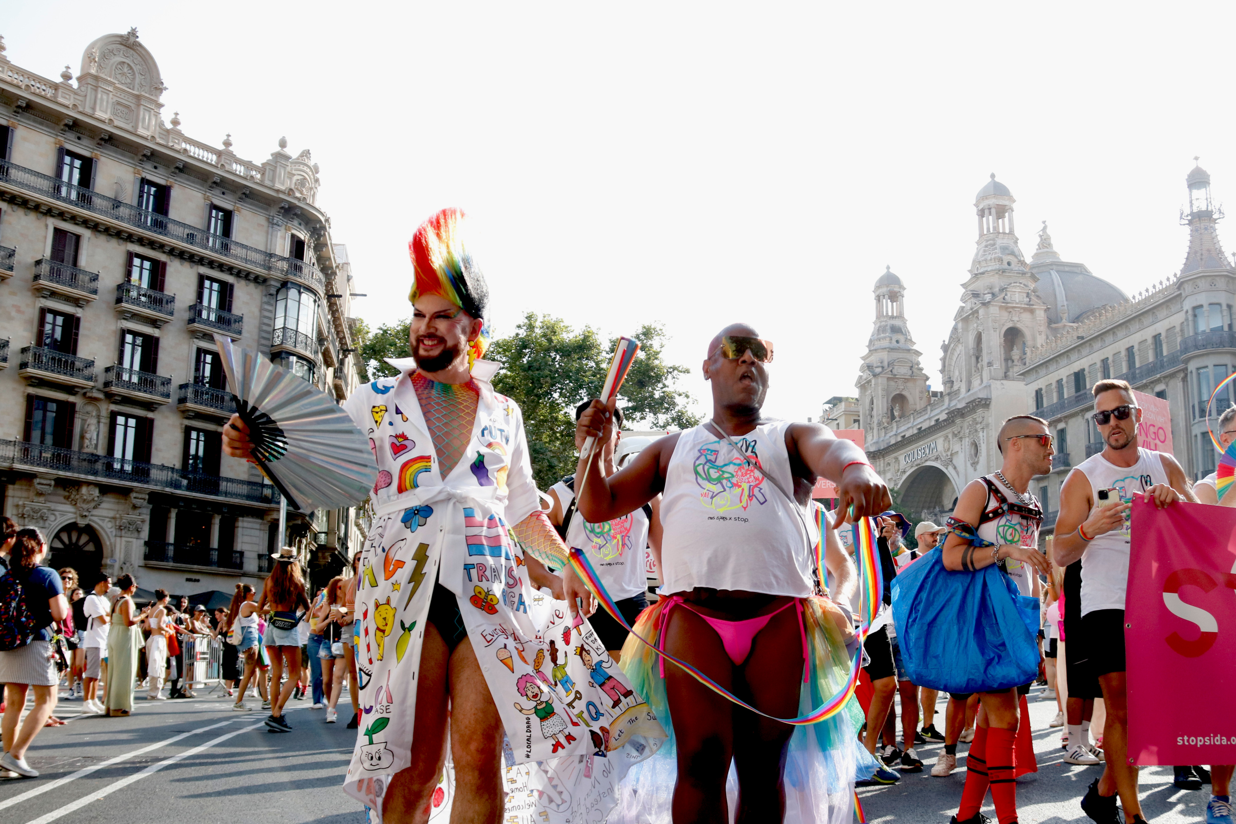 Two people dancing during the LGBTI+ Pride Parade in Barcelona on July 20, 2024