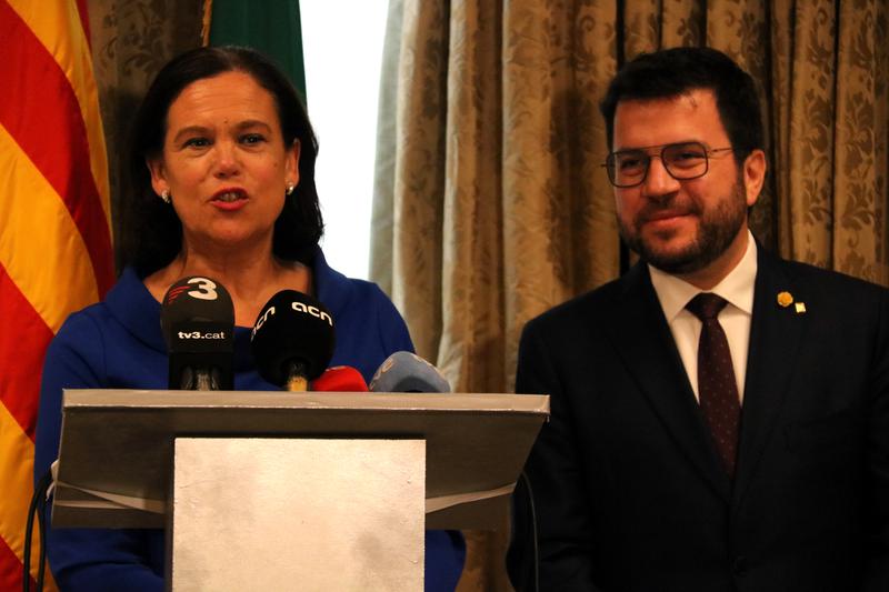 Sinn Féin leader Mary Lou McDonald during a press conference with Catalan president Pere Aragonès during his visit to Ireland on February 24, 2023
