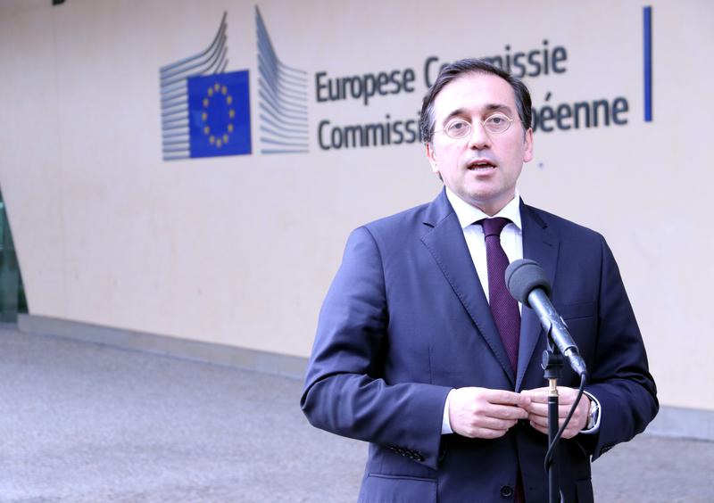 Spanish acting foreign minister José Manuel Albares in front of the European Commission building in Brussels